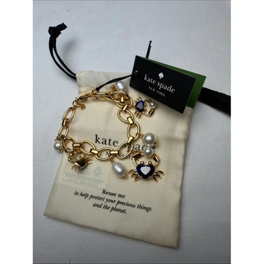 Kate‎ Spade claw out Gold Chain Bracelet with Blue Crystal & Pearl Charm
